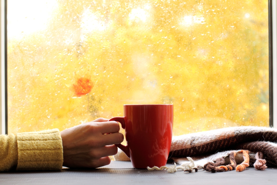red mug of hot drink, when behind a window is rain in autumn in Bremerton, WA