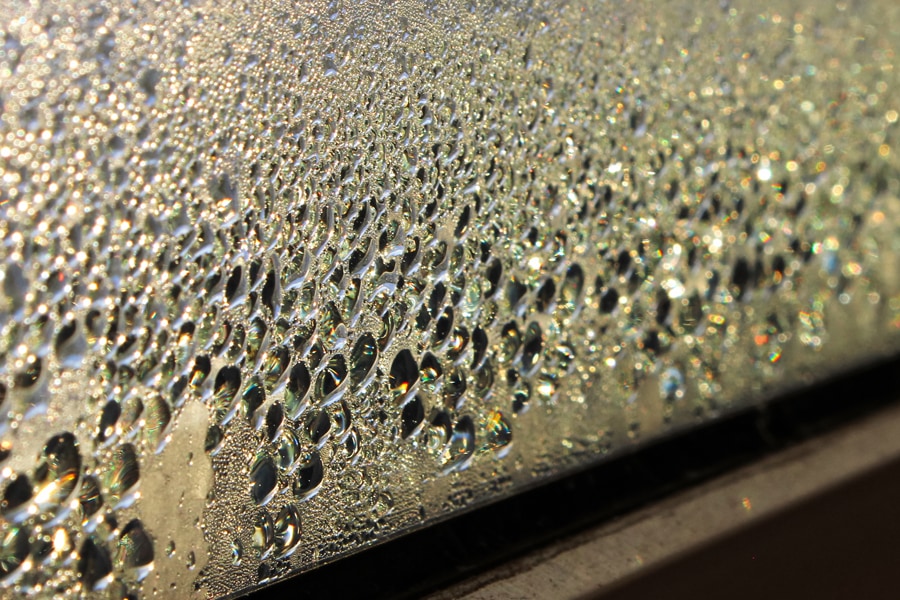 Morning sunlight through window condensation in Port Orchard, WA